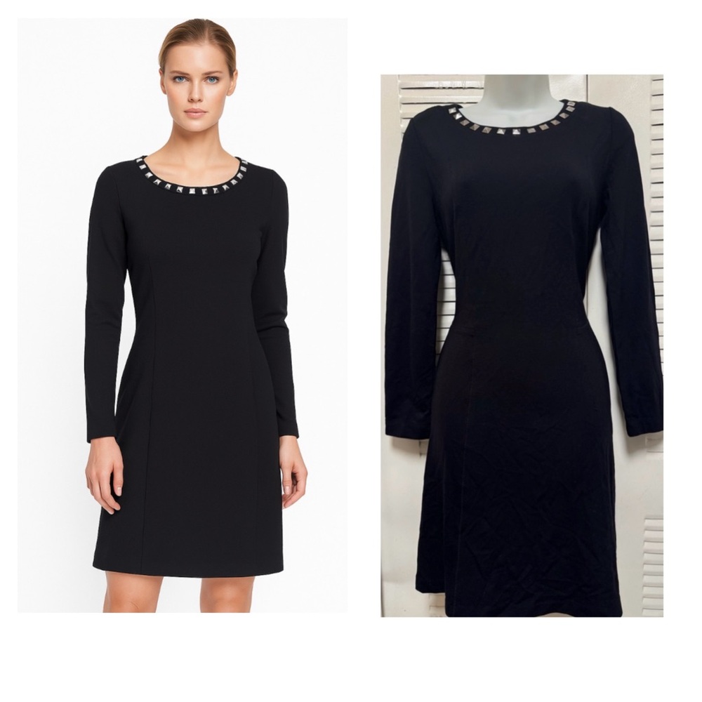 MICHAEL KORS New Rockstud Silver Stretch Midi Dress Zip Long Sleeves Black Sz 4